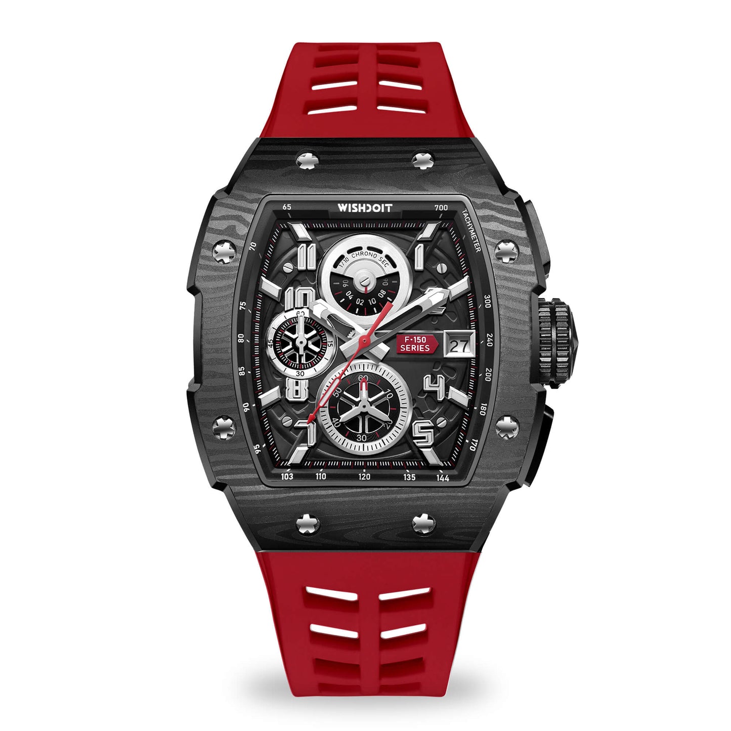 Wishdoit Watches Tonneau Affordable Best Mens Chronograph F-150 Racing Watch | Fluorine Rubber Watch Strap|Black (Red Strap)