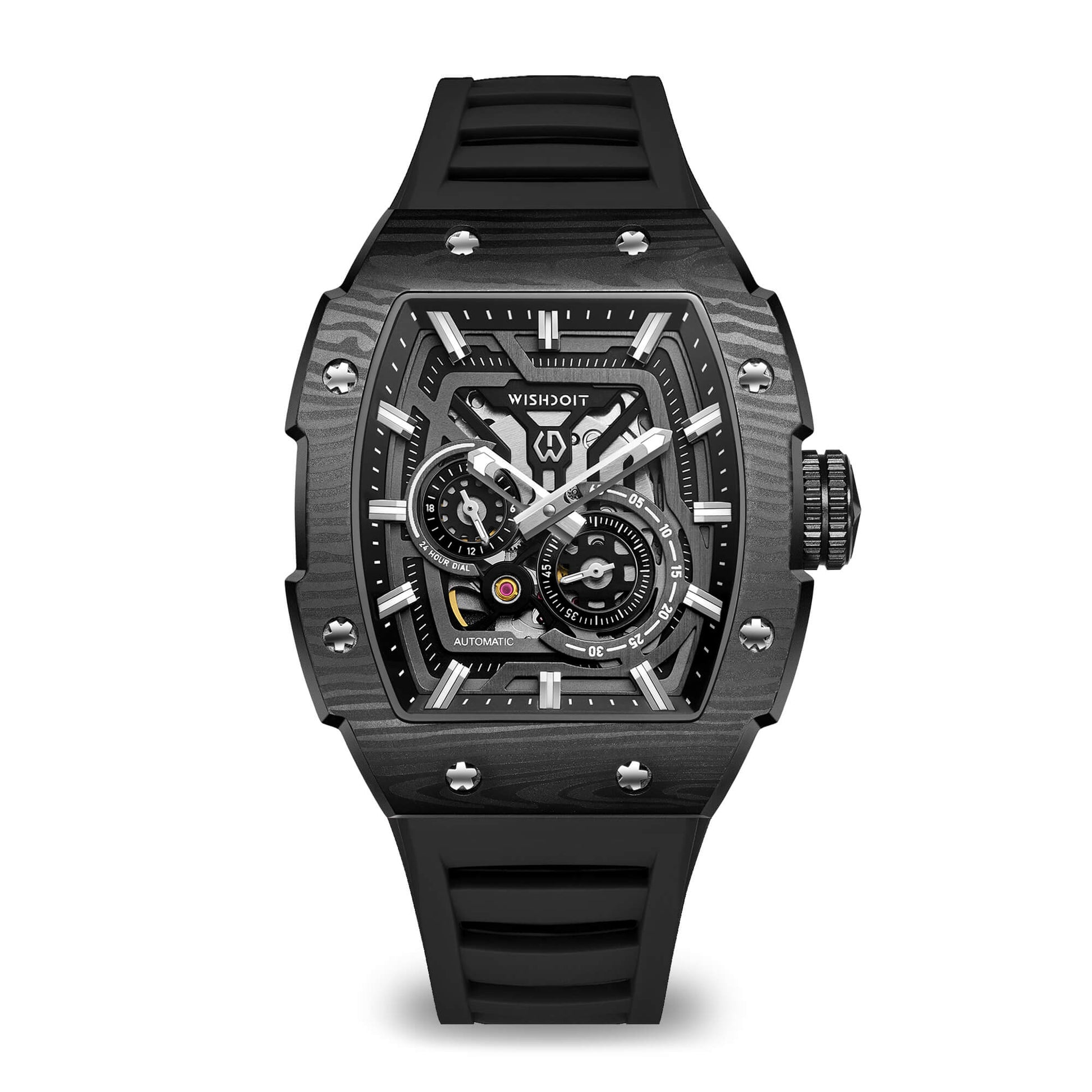 Wishdoit Watches Tonneau Affordable Best Mens Mechanical Full Speed Watch | Fluorine Rubber Watch Strap|Black 