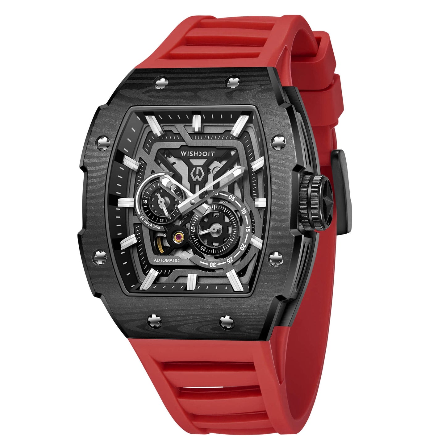 Wishdoit Watches Tonneau Affordable Best Mens Mechanical Full Speed Watch | Fluorine Rubber Watch Strap|Black (Red Strap)